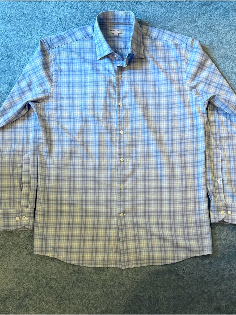 Peter Millar Light Blue and White Plaid Long-Sleeve Button-Up Shirt